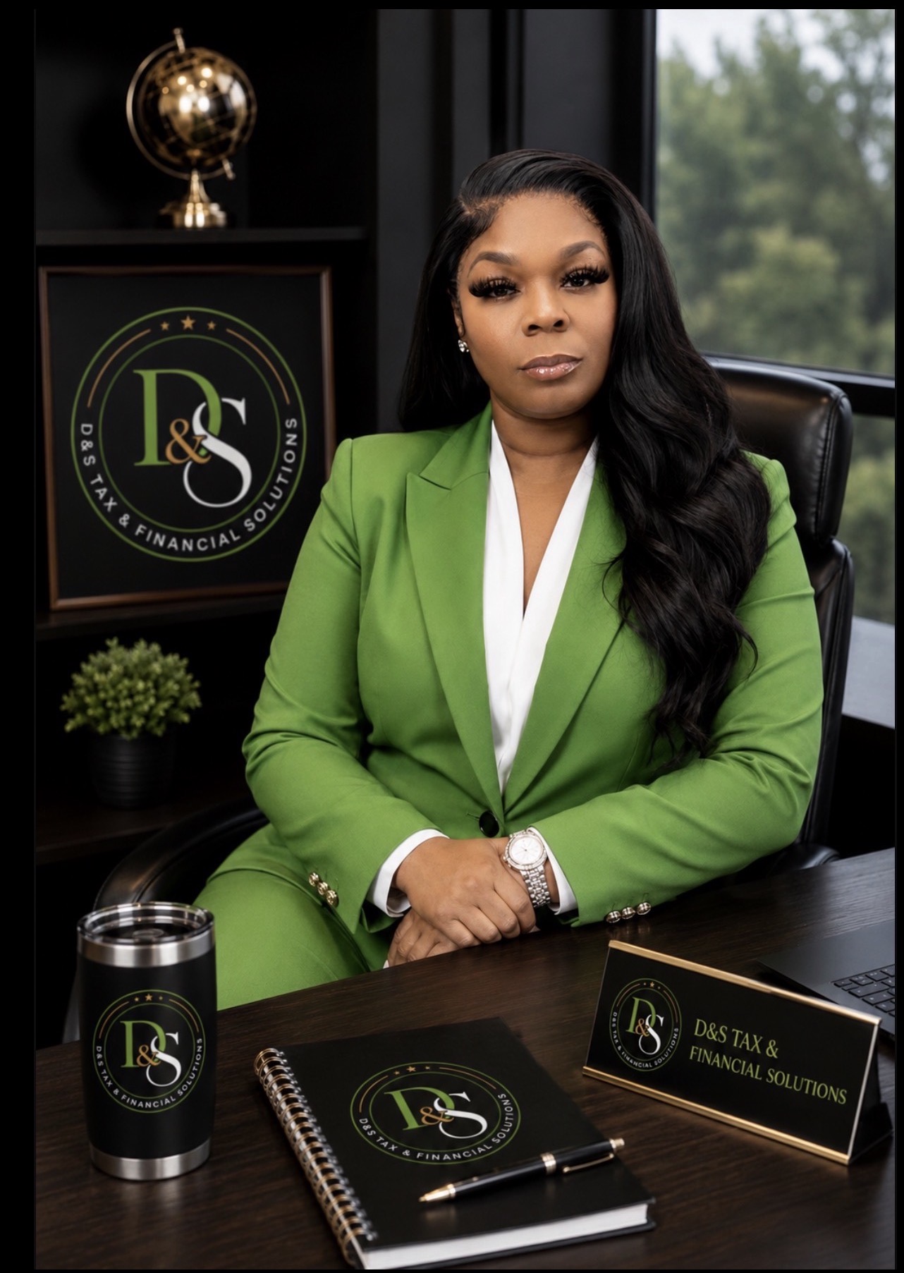Founder of D&S Tax & Financial Solutions at her desk